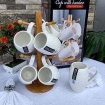 White 6 cups with wooden stand